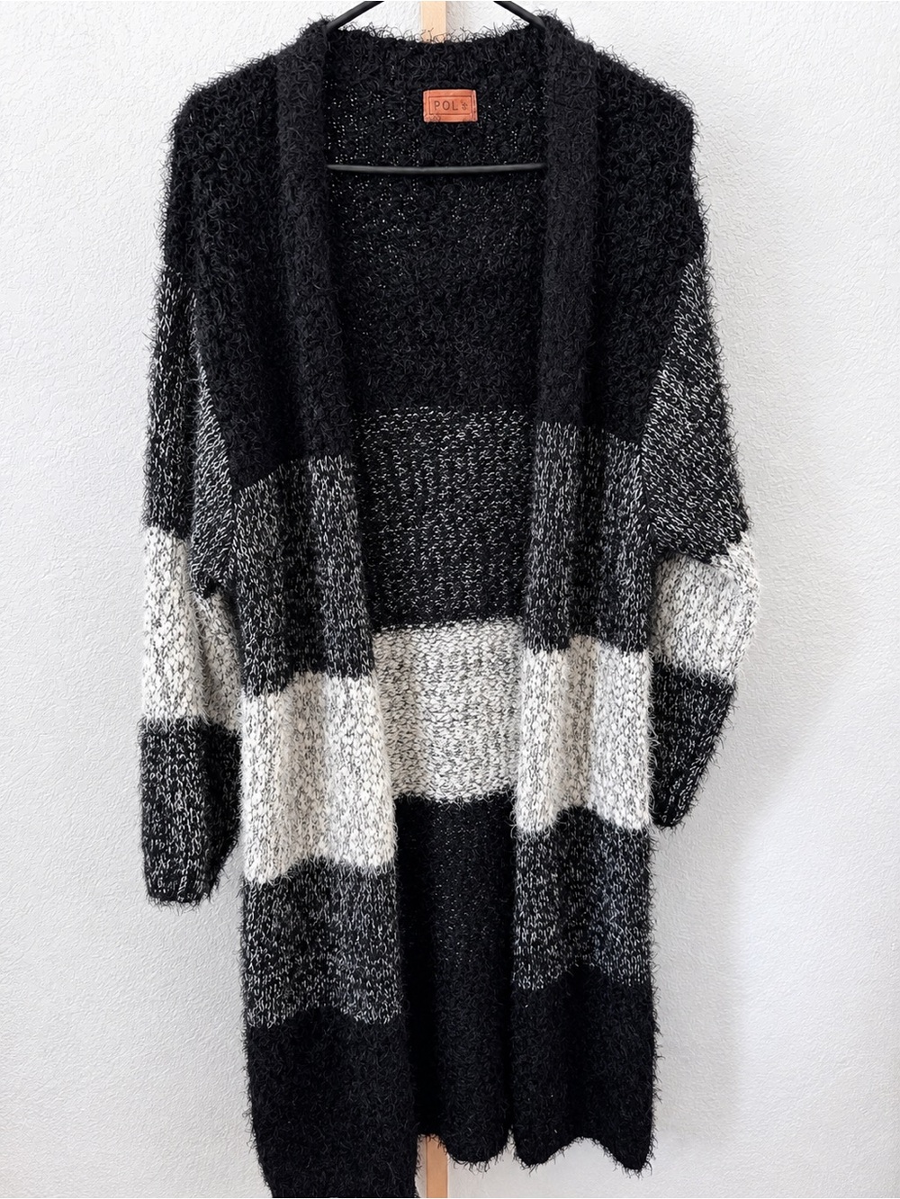 POL Oversized Open-Front Striped Long Cardigan in Black and Cream